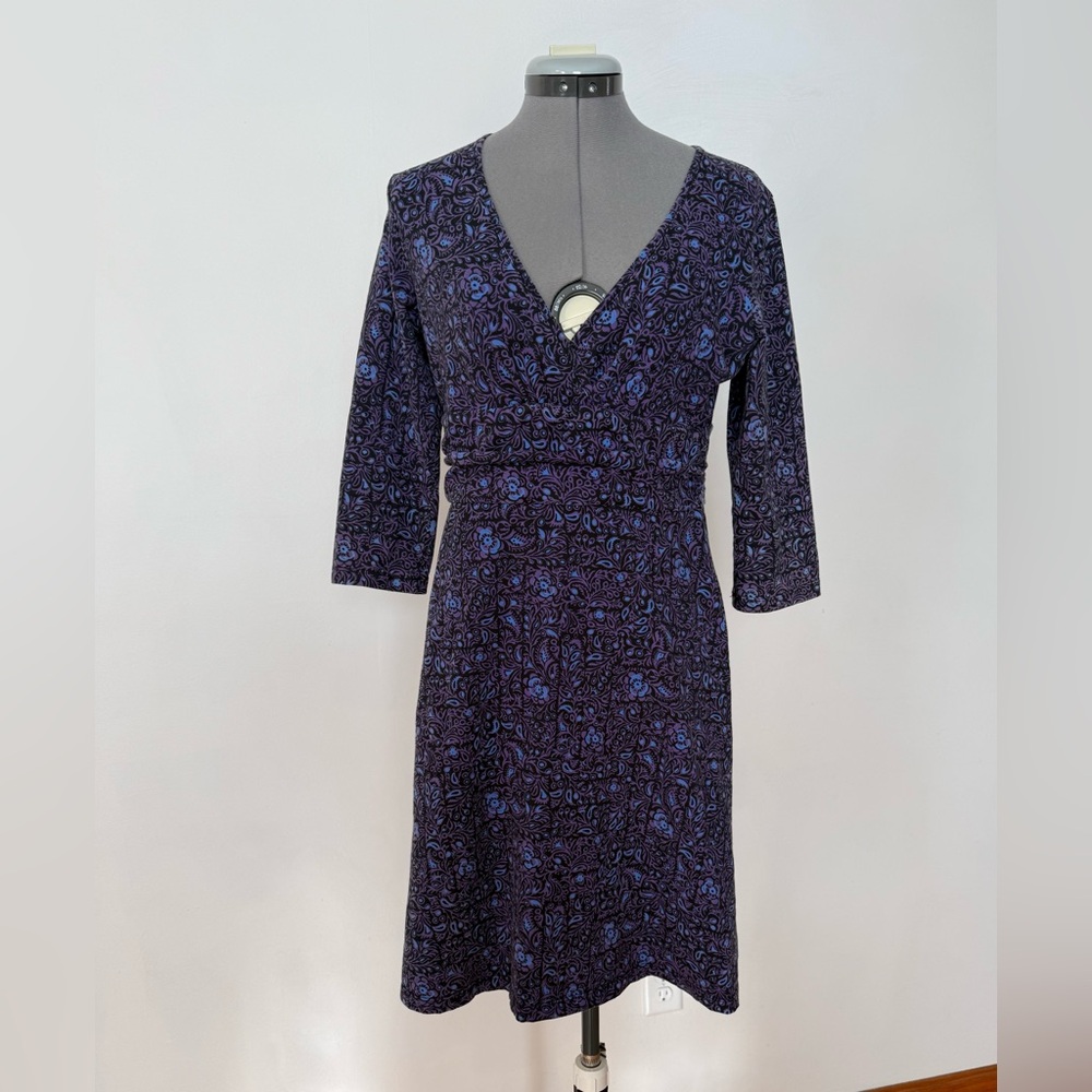 Patagonia Dark Purple Floral Dress with 3/4 length Sleeves.